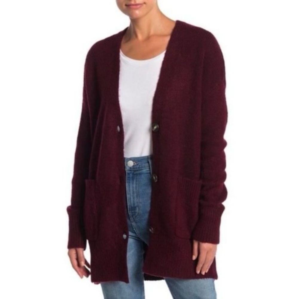 Elodie Cozy Grandpa Patch Pocket Cardigan Sweater Size Small Wine Long Line NWT